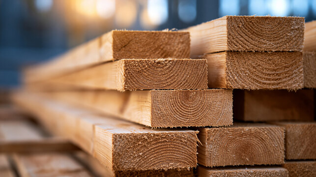 A neat stack of raw wooden planks and lumber beams inside a warehouse with warm soft lighting. Construction material concept for architectural design projects.
