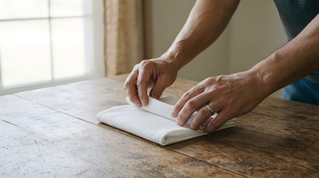 Person folding a white cloth napkin neatly on a rustic wooden dining table near a bright window with person hands household chore domestic life cleaning cloth