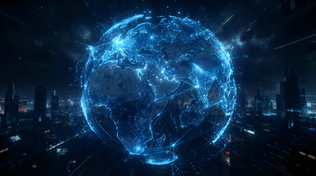 Futuristic digital globe network glowing with blue connection lines over a smart city night skyline futuristic world cyber technology blue sphere data stream