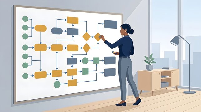 Businesswoman analyzing process flowchart diagram on large office whiteboard 