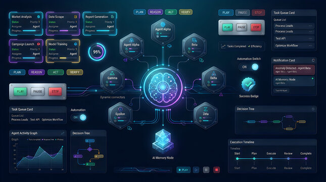 Futuristic cybernetics dashboard interface template. Neon holographic brain connectivity concept. Dark mode web application design with hexagon nodes
