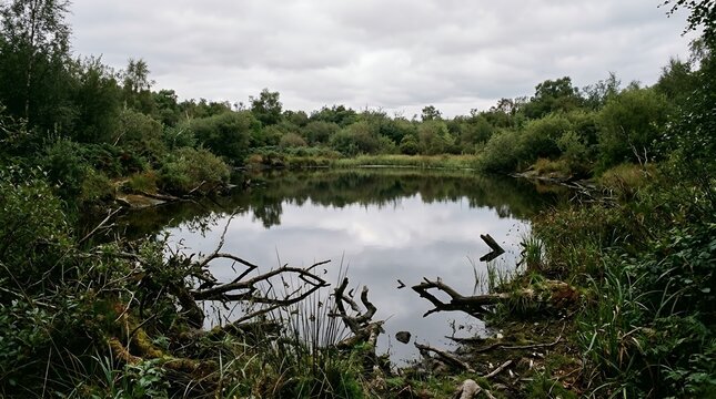 Tranquil Forest Pond with Cloudy Sky Reflection and Fallen Tree Branches in a Lush Green Natural Wilderness Landscape