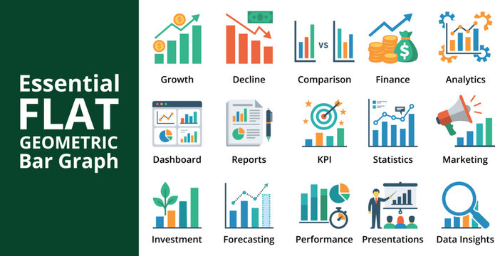 Essential Flat Geometric Business Bar Graph Icons Set &ndash; Growth, Analytics, Finance, Statistics, Marketing & Dashboard Vector Collection