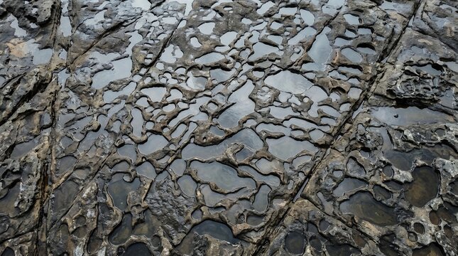 Abstract Natural Coastal Rock Texture with Water Filled Pockets and Perforated Shoreline Erosion Pattern