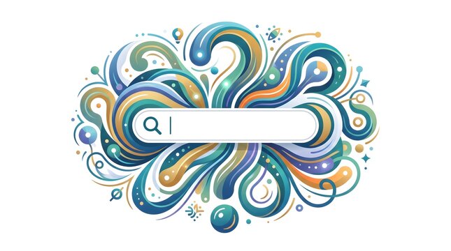 Colorful abstract search icon integrated into a vibrant, swirling floral pattern.
