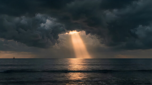 Dramatic sunbeams breaking through dark storm clouds over a calm ocean surface at dusk with sunset sea rays of light cloudy sky light beam weather phenomenon