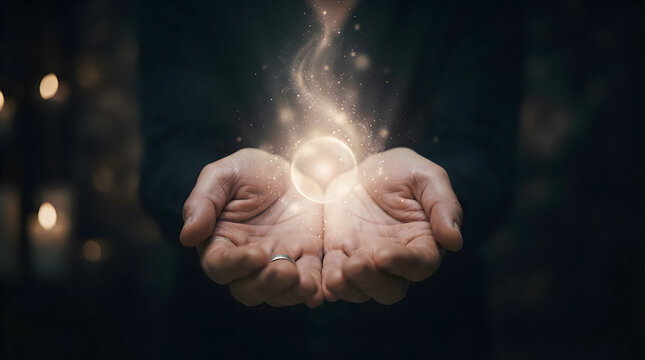 Cupped hands holding a glowing magical orb of light with sparkling energy particles in dark room magic sphere mystical glow fantasy spark ethereal energy mystical