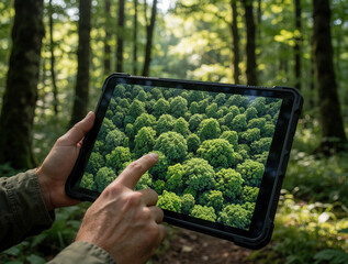 Naklejka premium Person uses digital tablet to study aerial view of green forest canopy. Forester analyzes tree tops on screen via remote sensing app. Pro researcher monitors woodland ecosystem, ecology data in