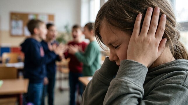 Sad schoolgirl covering ears as classmates bully her in classroom during lesson