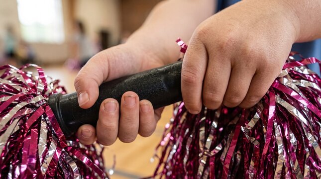 Close up of hands holding shiny pink and silver pom poms for cheerleading or dance performance