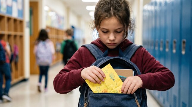 Young girl putting a drawing into her backpack in a school hallway with lockers