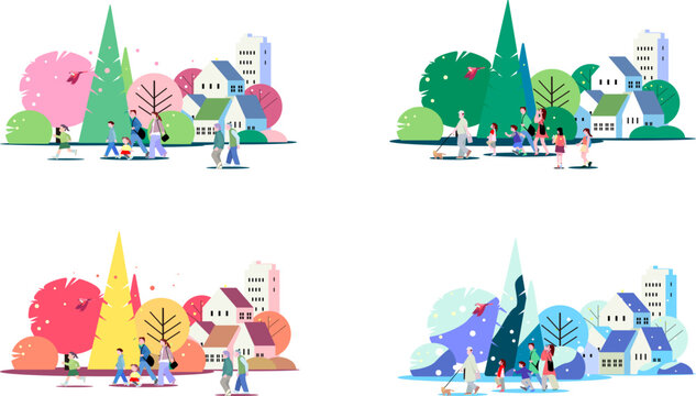 四季の街並みと歩く人々や家族のイラストセット