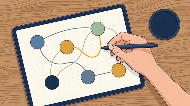 Designer hand drawing flowchart network diagram with stylus pen on digital tablet on wooden desk