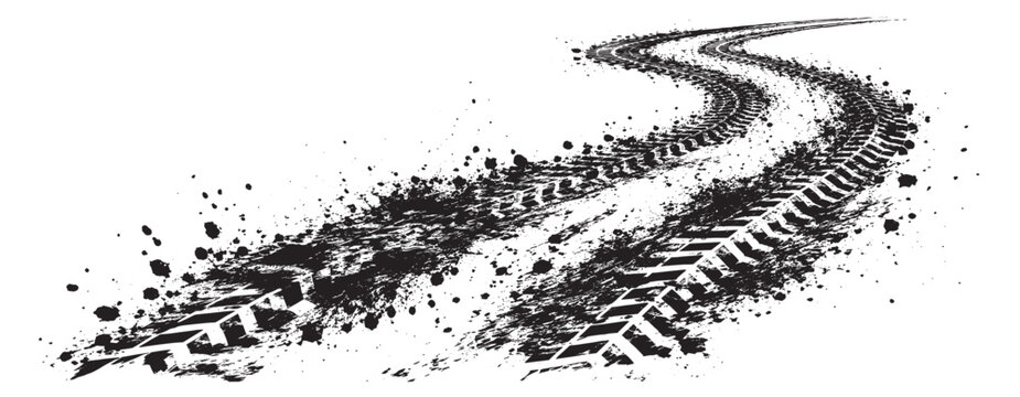 Black tire tread mark and muddy wheel track, dirt road trail with grunge texture, distressed silhouette pattern and rough overlay, vector illustration