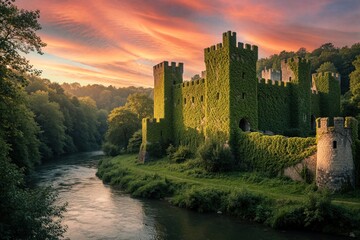 Fototapeta premium Old medieval castle covered in green ivy stands by calm river. Sunset sky with pink clouds glows over stone fortress. Rich forest, trees surround historic architecture near water. Scenic landscape at