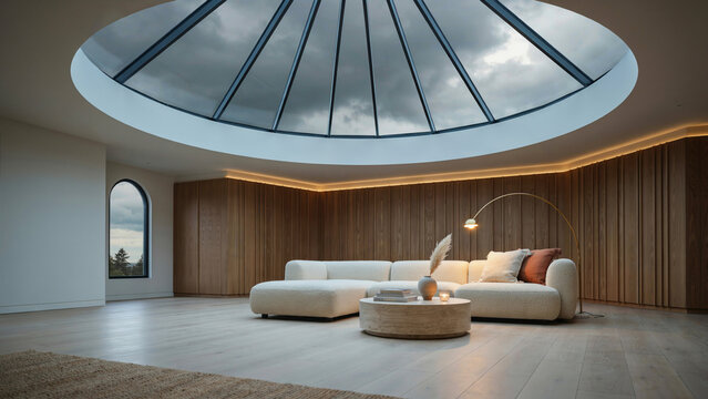 : A modern living room with white curved sofas and warm wood-paneled walls sits beneath a large circular skylight showing a cloudy sky.