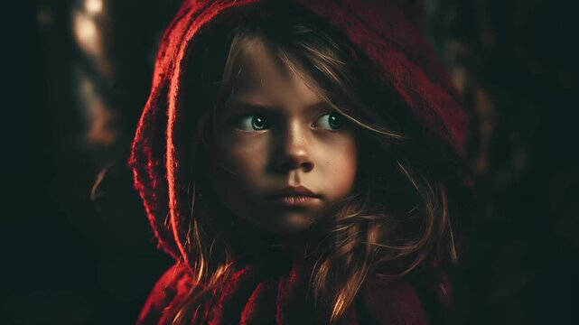 Europe medieval lifestyle. A closeup portrait of a young girl, captured in a moody, atmospheric style. She wears a red hooded cloak that billows around her head, obscuring her face.