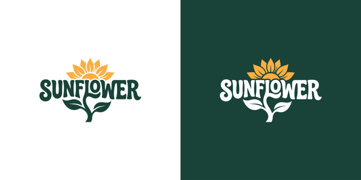 Yellow sunflower logo design featuring text and botanical leaves