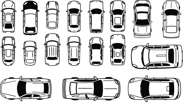 Set of Cars Top View Black and White Outline Vector Collection