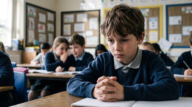 Sad schoolboy sitting alone at desk in classroom feeling left out while classmates whisper