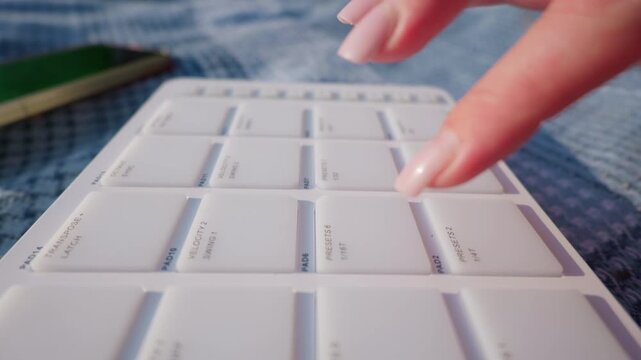 Close-up of female fingers pressing white pads on a portable midi drum controller outdoors. Concept of modern music creation, outdoor creativity, beatmaking, and digital audio production.