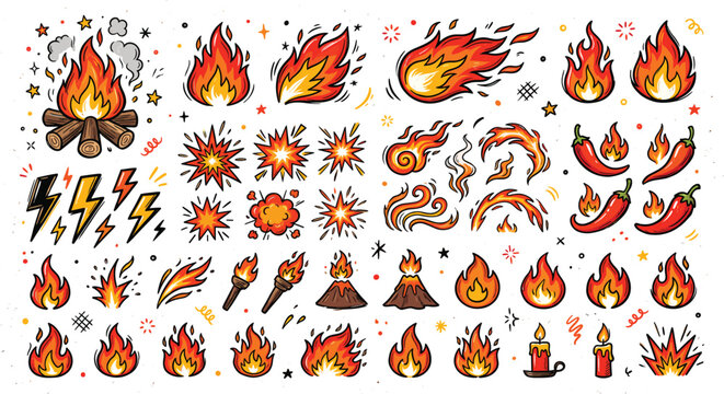 Hand drawn fire flame doodle icon set with brush scribble, chalk grunge texture, lightning bolt, explosion burst, energy blast, power sticker and rock graphic. Vector illustration