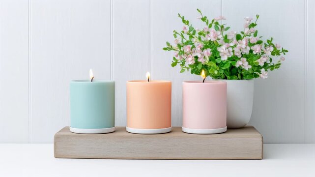 Pastel candles and a flowering plant move closer on a wooden shelf against a clean white wall in a minimal home interior