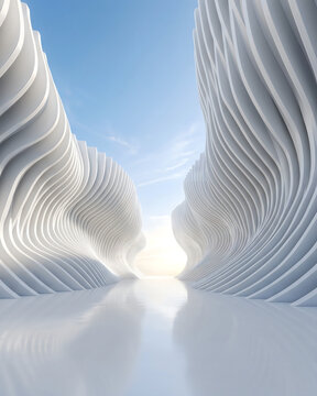 Vertical low angle view of white parametric wave walls curving upward toward a bright sky horizon.