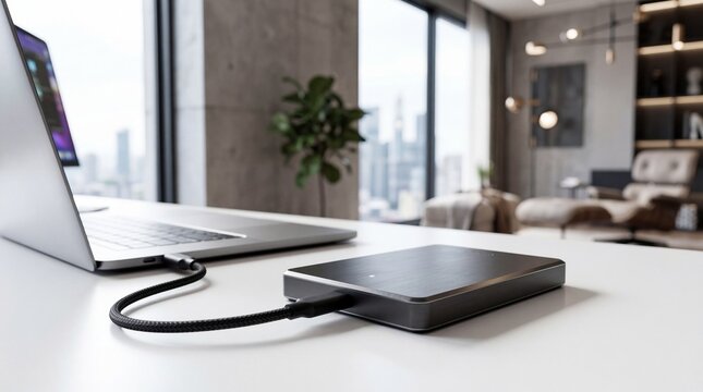 External hard drive connected to laptop, managing data storage and backup solutions
