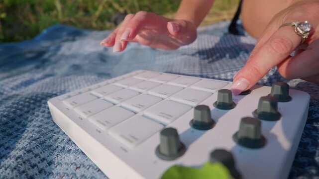 Close-up of female hands turning dark knobs on a white MIDI pad controller. The musician adjusts audio parameters while relaxing outside on a blanket. Sunlight hits the setup.