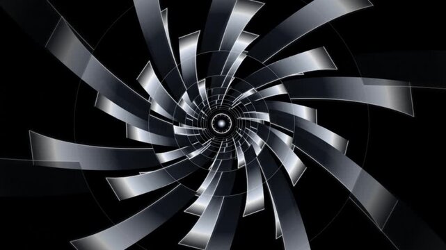 Abstract tunnel with metallic curved rotating plates creating dynamic motion background loop effect.