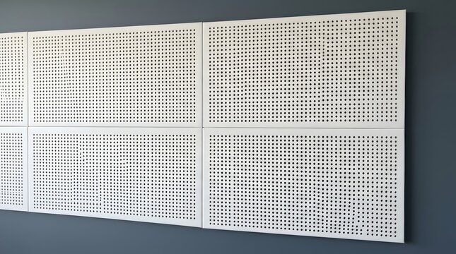 White rectangular panels featuring precise uniform circular holes arranged in repeating geometric grids mounted neatly against a dark grey wall