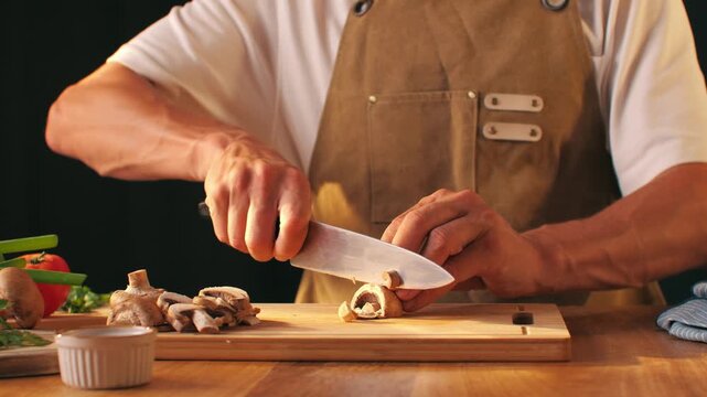 Man cut champignon button Fresh Royal oyster mushrooms, cooking on a wooden cutting board cafe asian restaurant kitchen, vibrant scene of food preparation