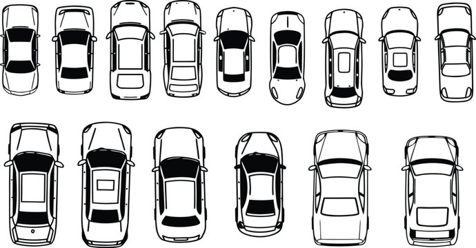 Set of Cars Top View Black and White Outline Vector Collection