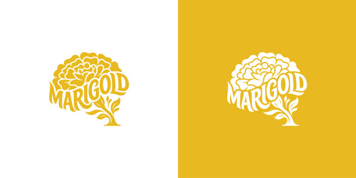 Marigold flower brain concept logo design with typography element