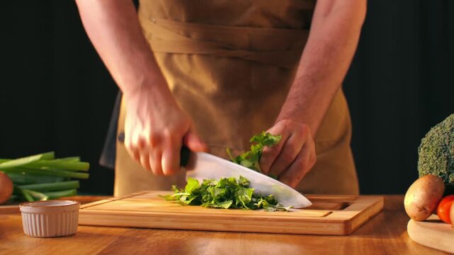 Cilantro parsley close up cut cutting coriander greens with knife aromatic texture macro traditional Asian and Mexican cuisine herb studio shot 