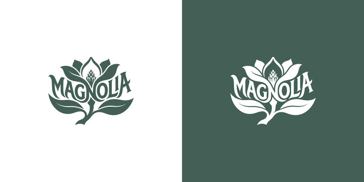 Magnolia flower logo design with typography and botanical leaf