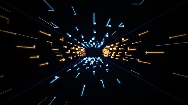 Neon blue and gold digital data lines flying through abstract tunnel tech background motion graphic.