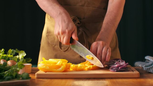 Man cut yellow sweet pepper, Healthy food, Chef hands with knife for onion, cutting and preparation with cooking for dish. Restaurant, culinary service and cook with skills for catering