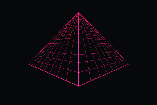 3D Cyberpunk Glowing Pink Wireframe Pyramid Object Design Isolated on Black Background with Retro Synthwave Grid Geometry.