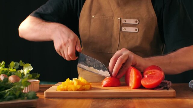 Chop tomato close up, Diced kumato tomatoes on a cutting board for Italian sauce, chef cut tomatoes with knife for gazpacho or salad 