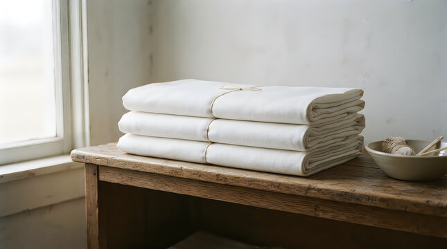 Stack of clean folded white towels resting on a rustic wooden surface next to a small ceramic bowl with bathroom accessories hotel room linen storage clean linens
