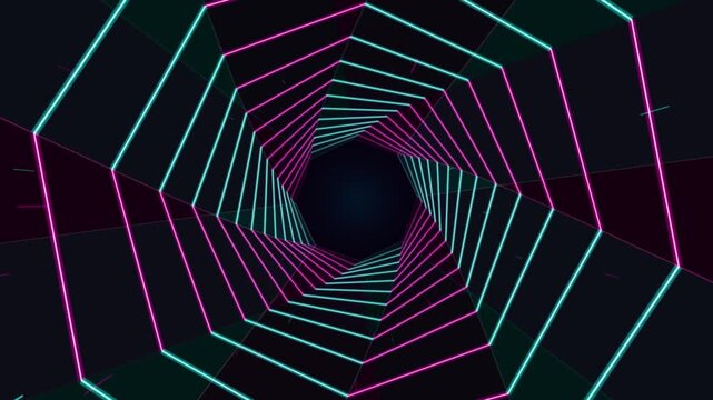Neon geometric tunnel perspective motion endless abstract background loop futuristic vibrant.