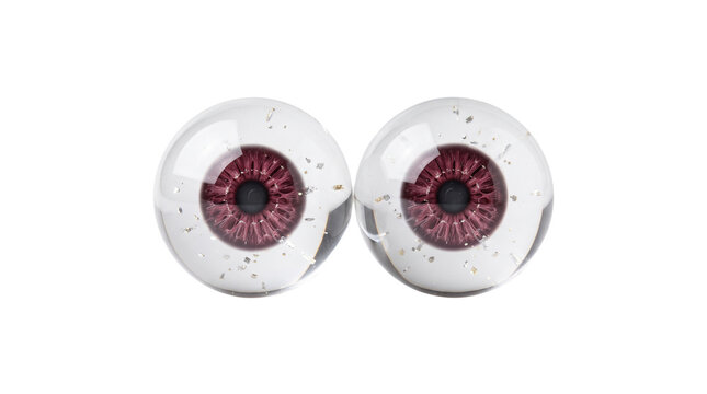 Pair of gothic crystal eyeball ornaments with deep burgundy irises and intricate glass details. Isolated on White background