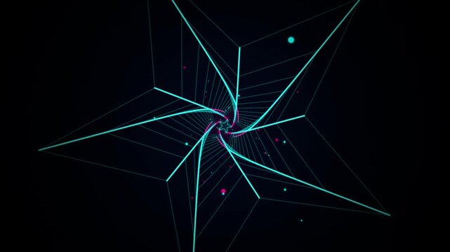 Neon star tunnel motion graphic featuring geometric light lines spinning in dark space environment.