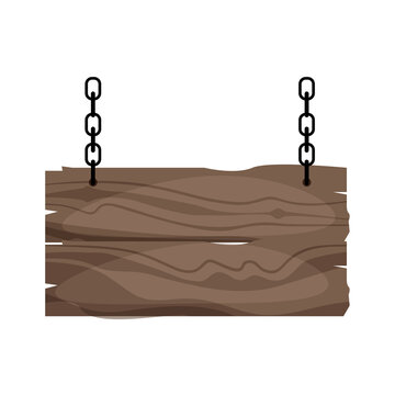 Isolated wooden sign hanging on metal chains against a plain background transparent background