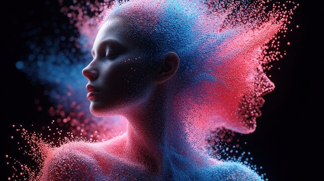 Abstract human head dissolves into glowing particles. Particles form profile in red and blue. Futuristic science concept or digital transformation idea.