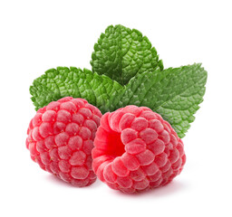 Fresh ripe raspberries and mint leaves isolated on white © New Africa