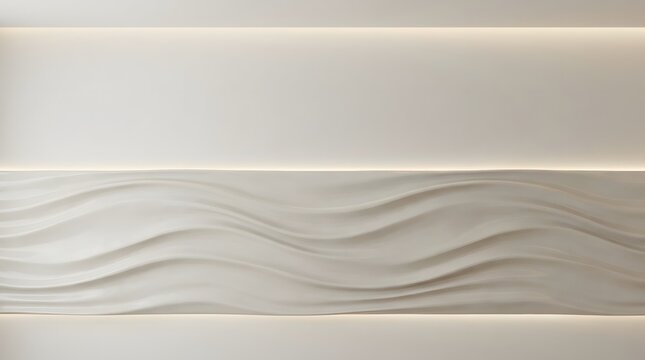 Elegant white wall featuring modern three dimensional wavy texture panels illuminated by soft ambient hidden LED lighting strips for interior design