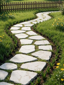 Curved stone path crosses green grass lawn near wooden fence. Small yellow flowers bloom beside walkway in sunny garden. This peaceful scene invites exploration.